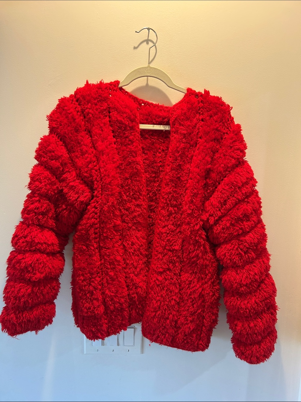 Wide Neck Handmade Plush Red Fuzzy Jacket